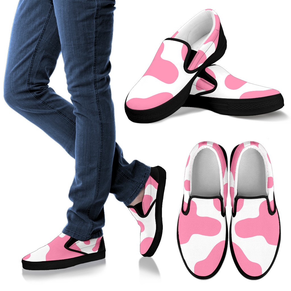 Pastel Pink And White Cow Print Men's Slip On Shoes