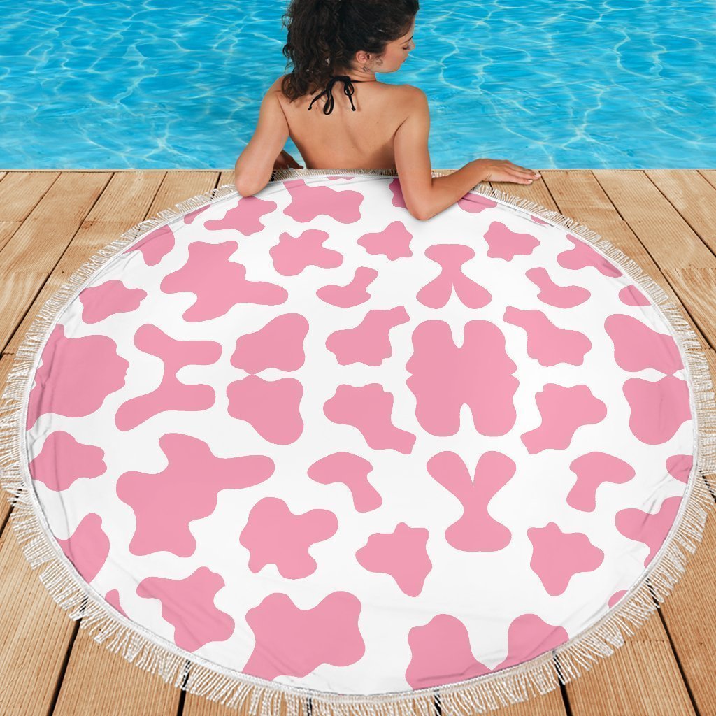 Pastel Pink And White Cow Print Round Beach Blanket