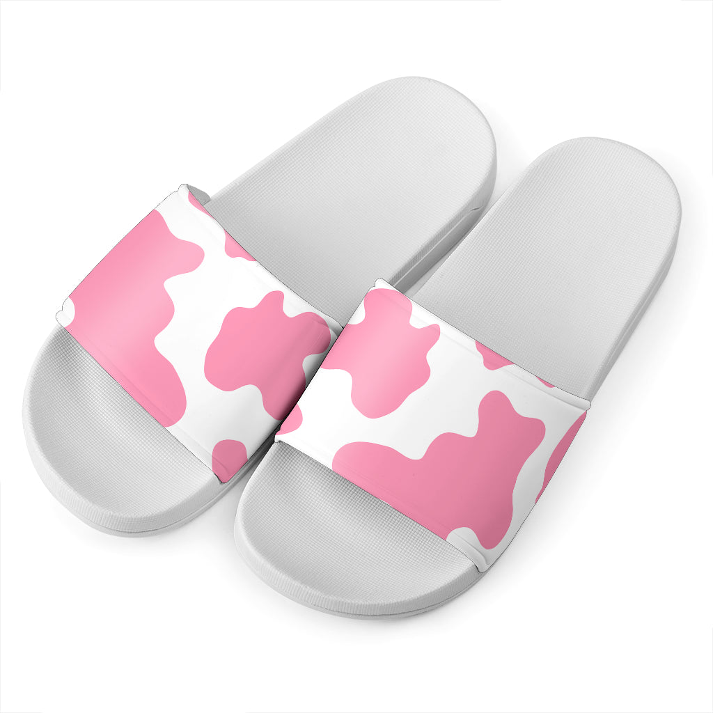 Pastel Pink And White Cow Print White Slide Sandals