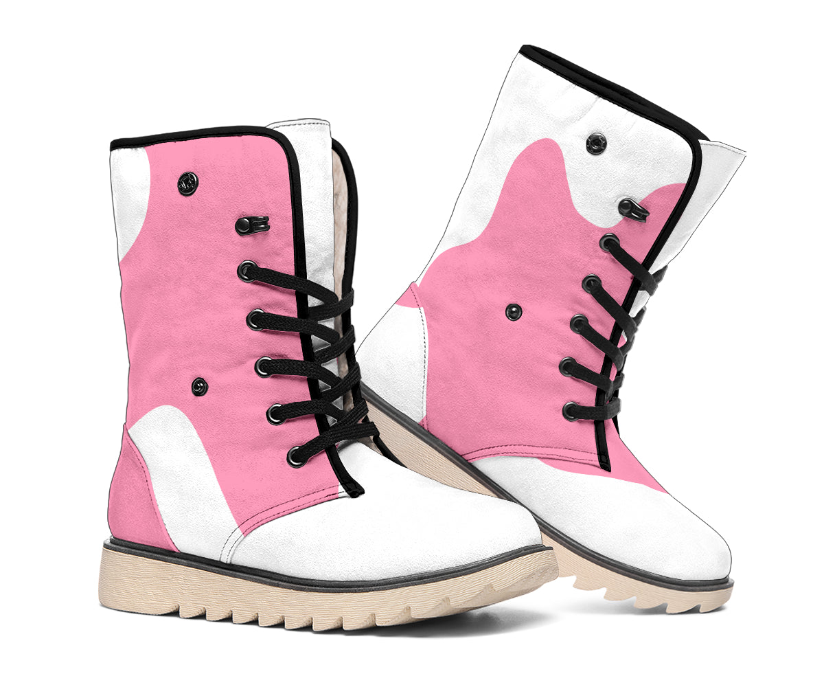 Pastel Pink And White Cow Print Winter Boots