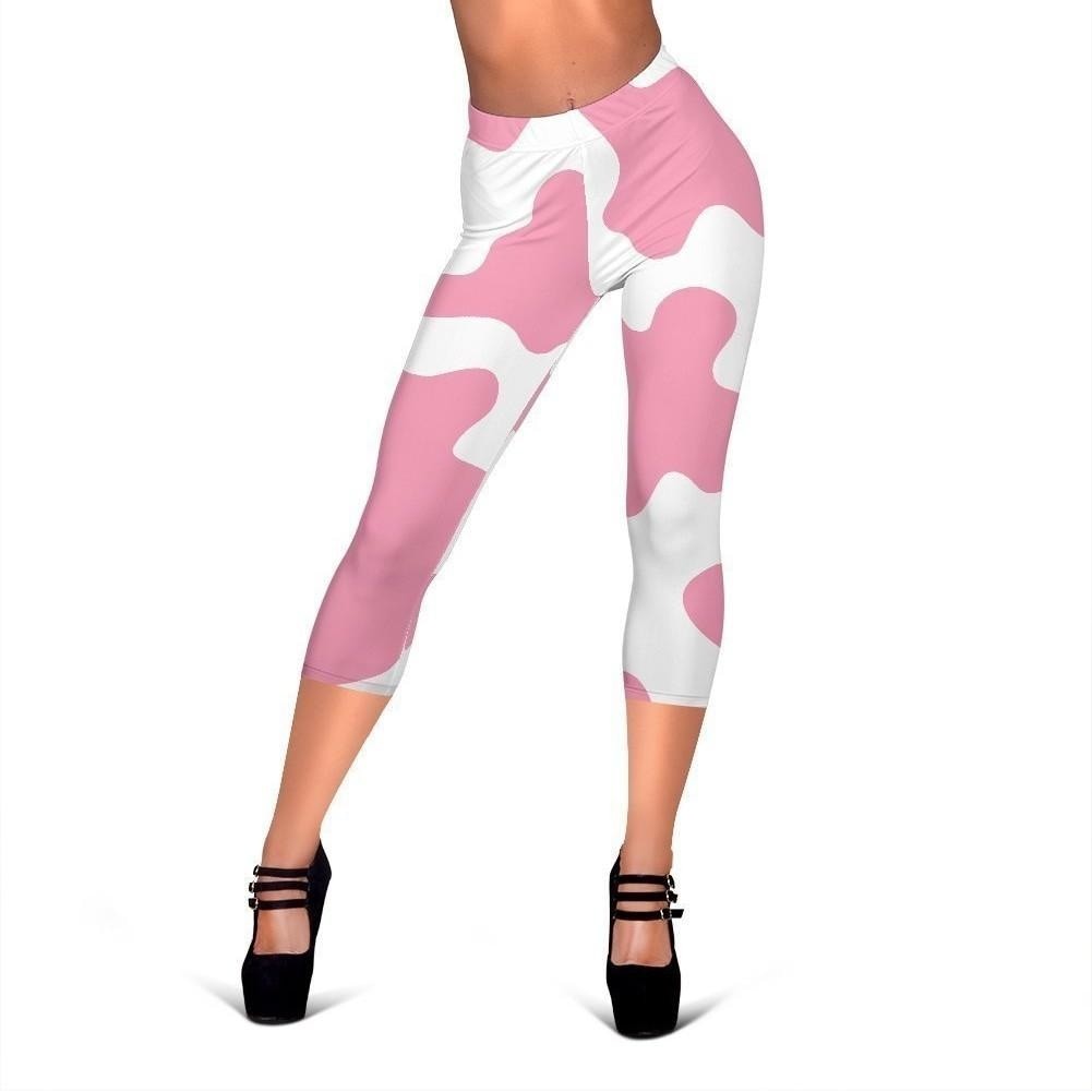 Pastel Pink And White Cow Print Women's Capri Leggings