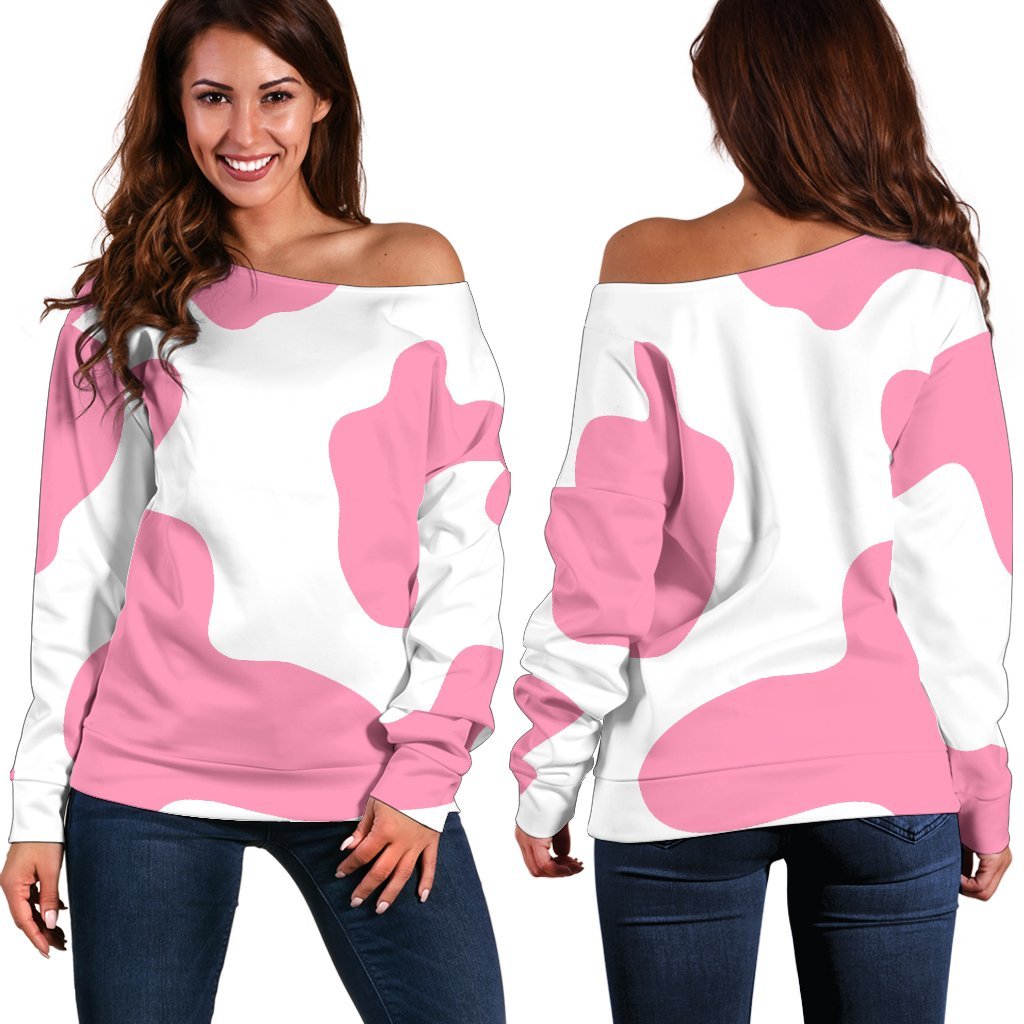 Pastel Pink And White Cow Print Women's Off-Shoulder Sweatshirt