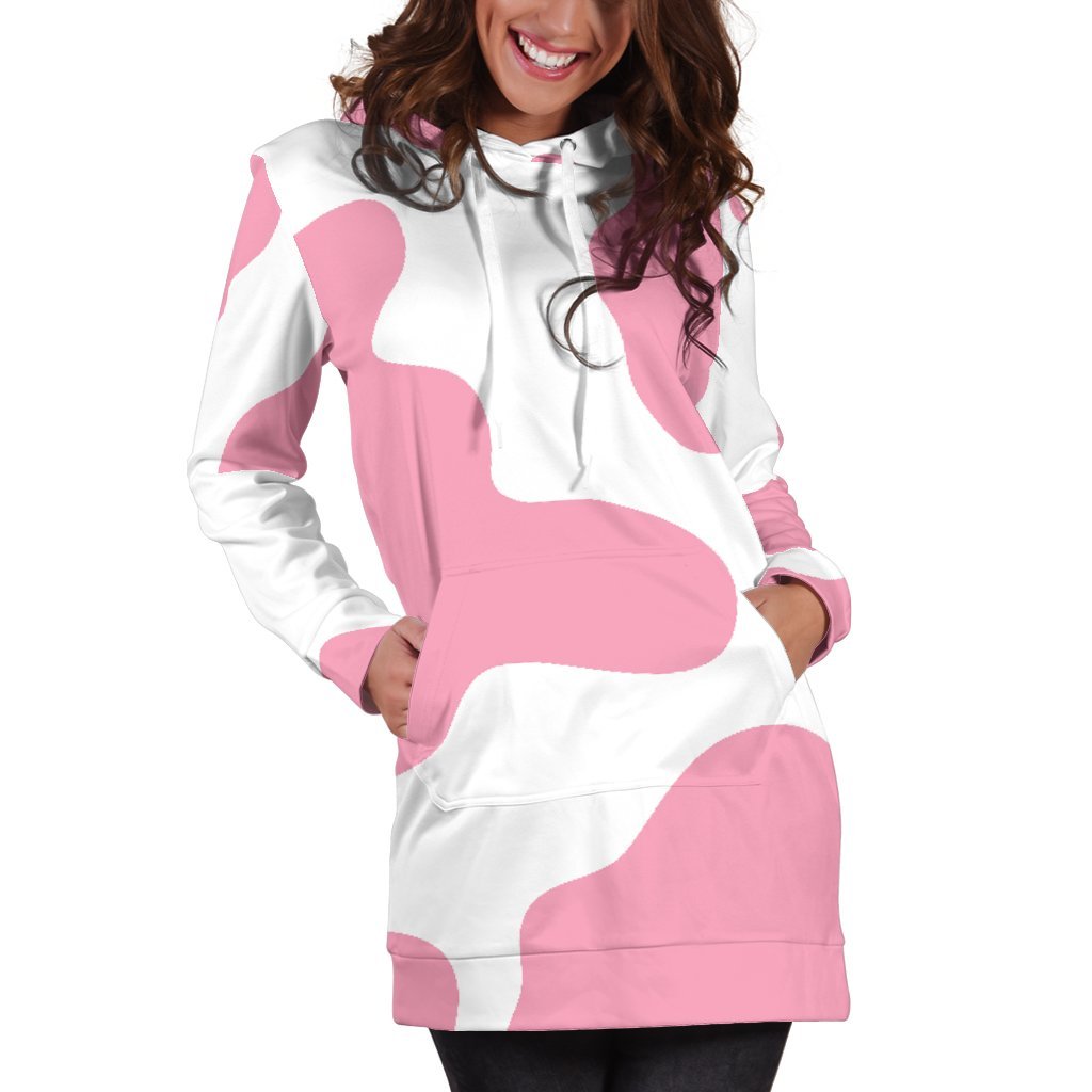 Pastel Pink And White Cow Print Women's Pullover Hoodie Dress