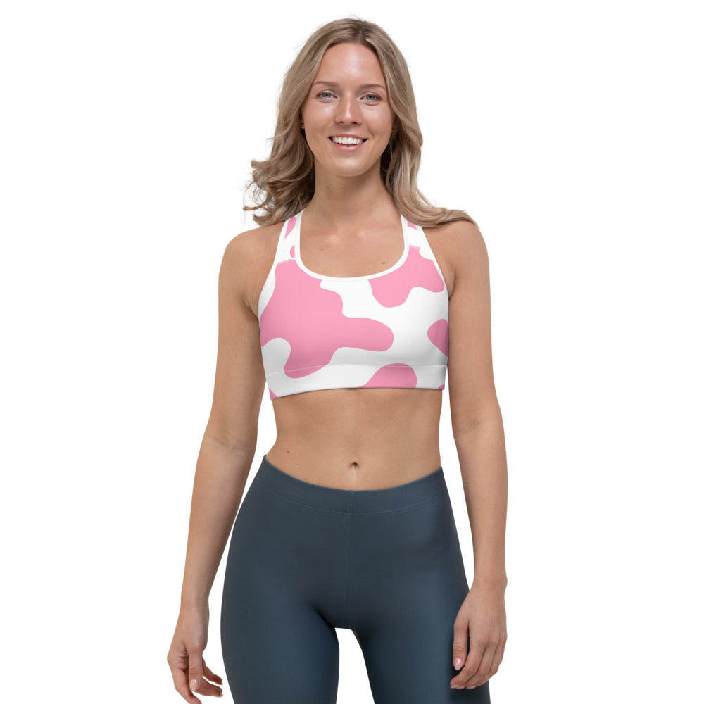 Pastel Pink And White Cow Print Women's Sports Bra