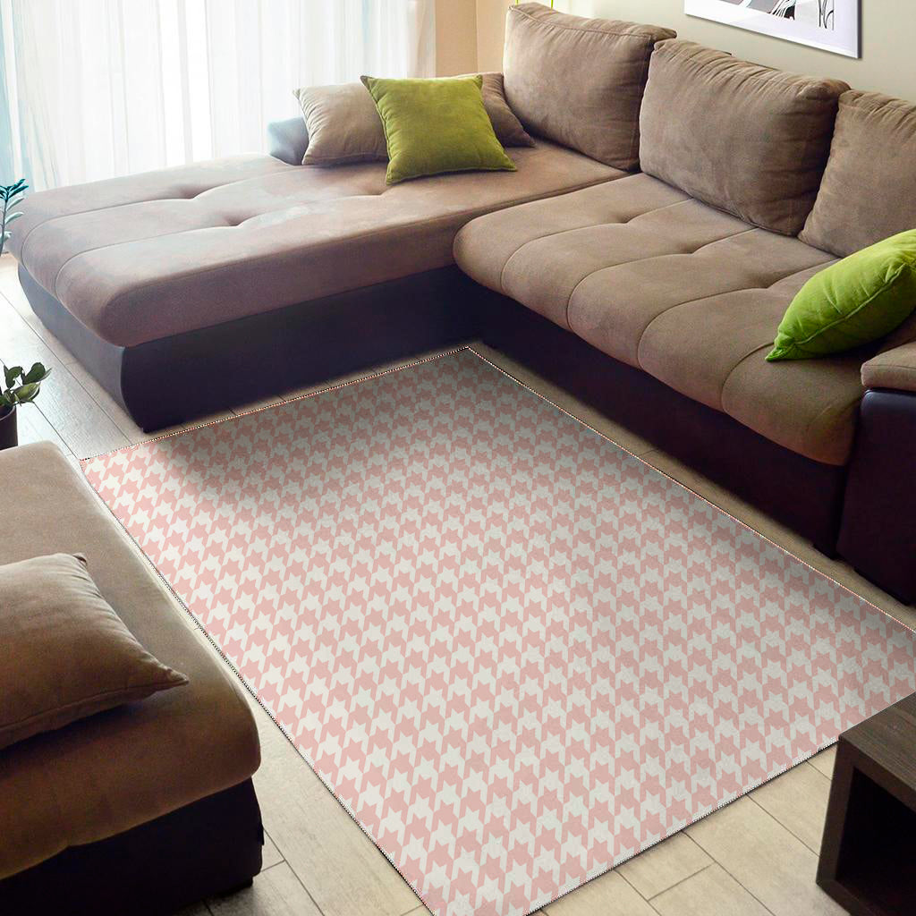 Pastel Pink And White Houndstooth Print Area Rug