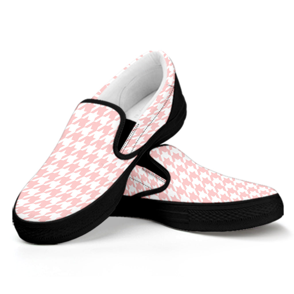 Pastel Pink And White Houndstooth Print Black Slip On Shoes