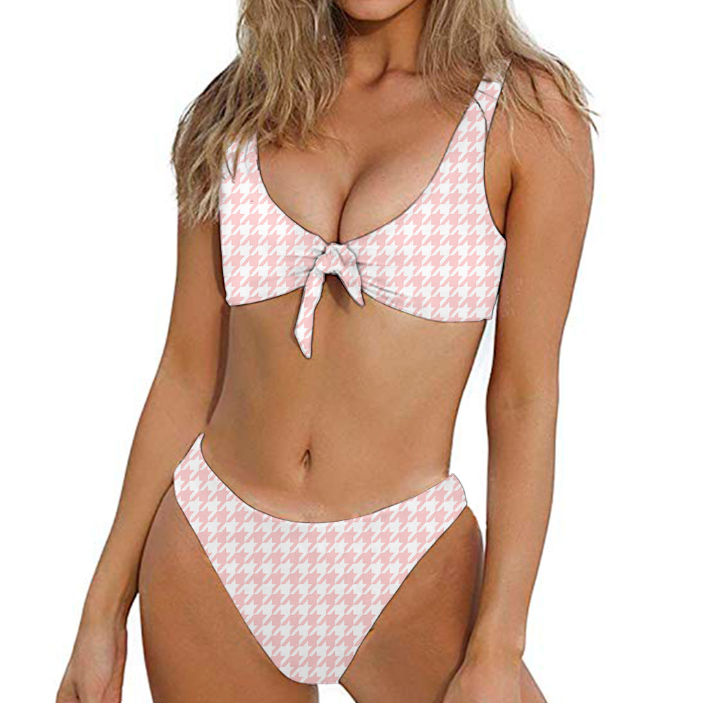 Pastel Pink And White Houndstooth Print Front Bow Tie Bikini