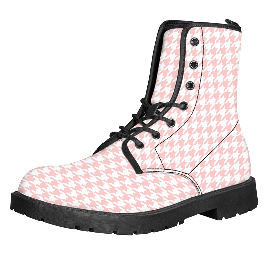 Pastel Pink And White Houndstooth Print Leather Boots