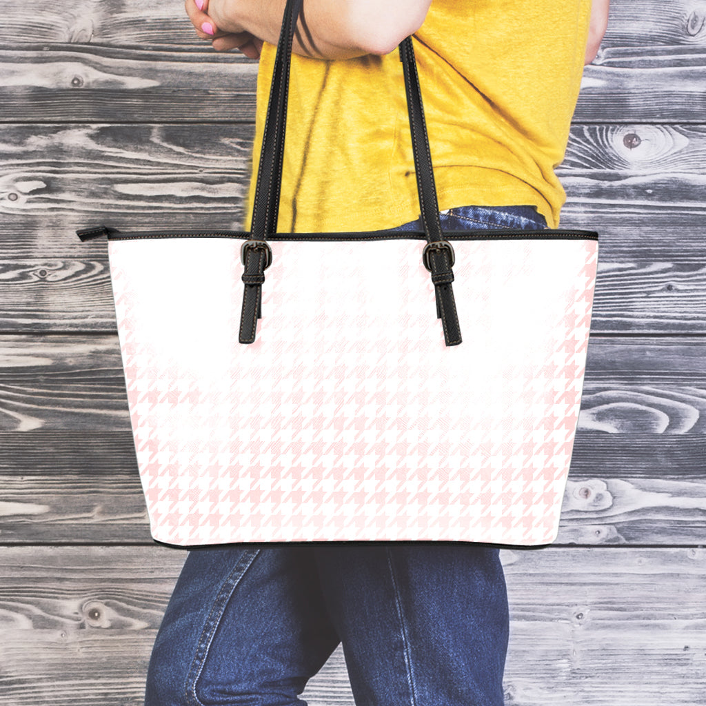 Pastel Pink And White Houndstooth Print Leather Tote Bag