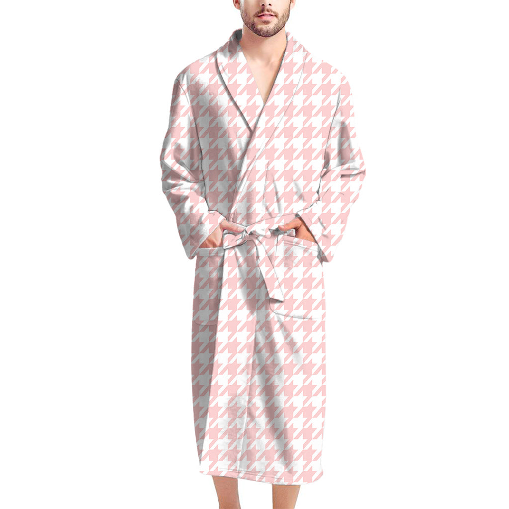 Pastel Pink And White Houndstooth Print Men's Bathrobe