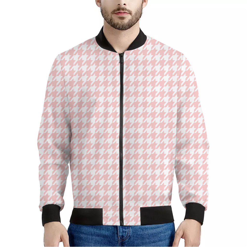 Pastel Pink And White Houndstooth Print Men's Bomber Jacket