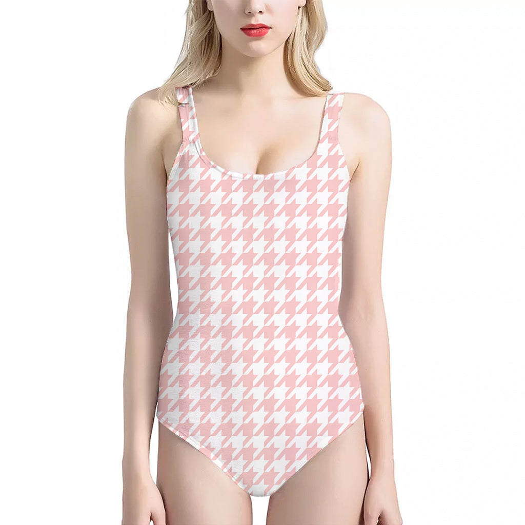 Pastel Pink And White Houndstooth Print One Piece Halter Neck Swimsuit