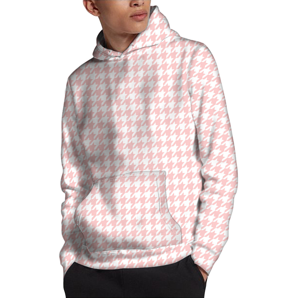 Pastel Pink And White Houndstooth Print Pullover Hoodie