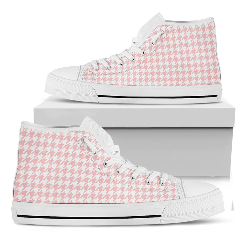 Pastel Pink And White Houndstooth Print White High Top Shoes