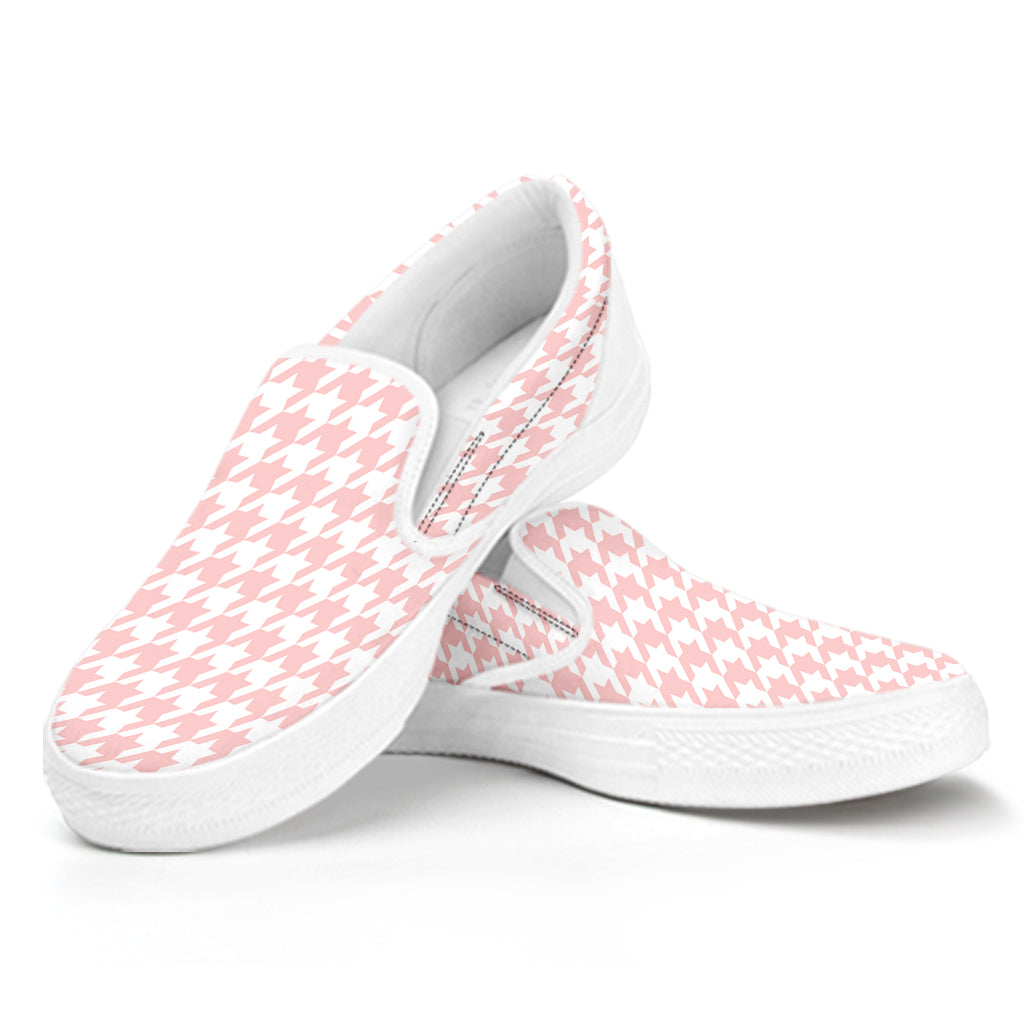 Pastel Pink And White Houndstooth Print White Slip On Shoes