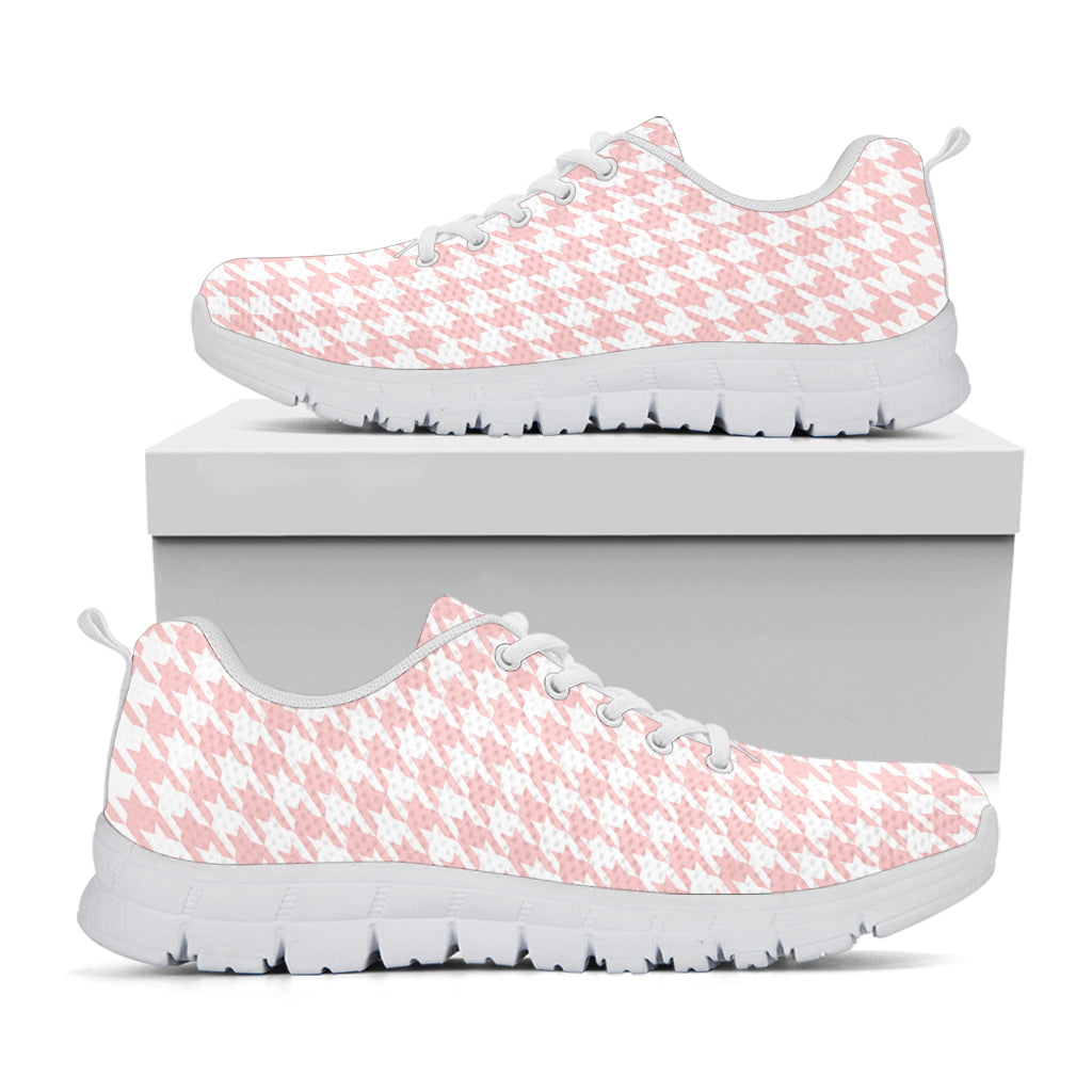 Pastel Pink And White Houndstooth Print White Sneakers