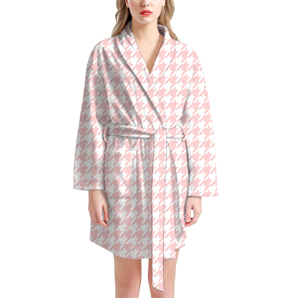 Pastel Pink And White Houndstooth Print Women's Bathrobe