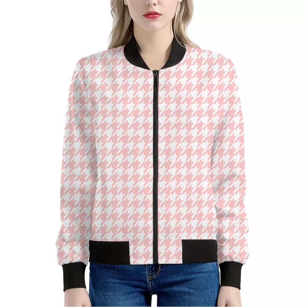 Pastel Pink And White Houndstooth Print Women's Bomber Jacket