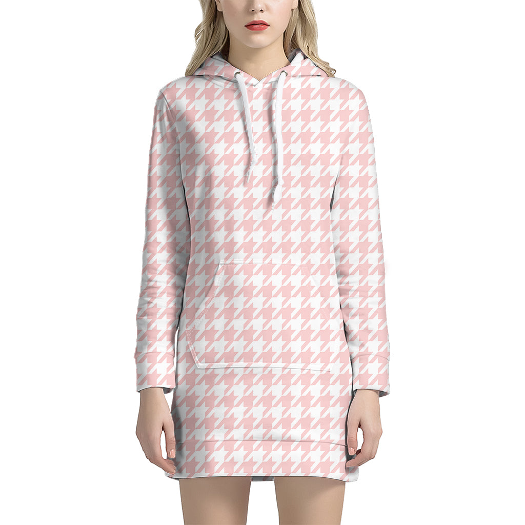 Pastel Pink And White Houndstooth Print Women's Pullover Hoodie Dress