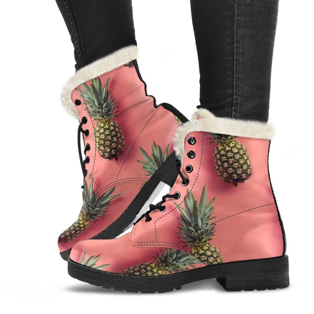 Pastel Pink Pineapple Pattern Print Faux Fur Leather Boots