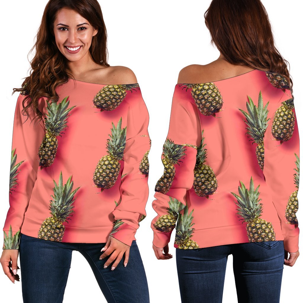 Pastel Pink Pineapple Pattern Print Women's Off-Shoulder Sweatshirt