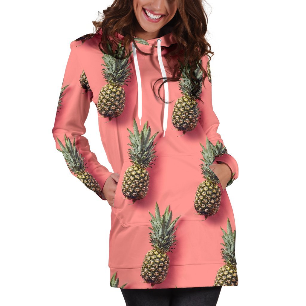 Pastel Pink Pineapple Pattern Print Women's Pullover Hoodie Dress