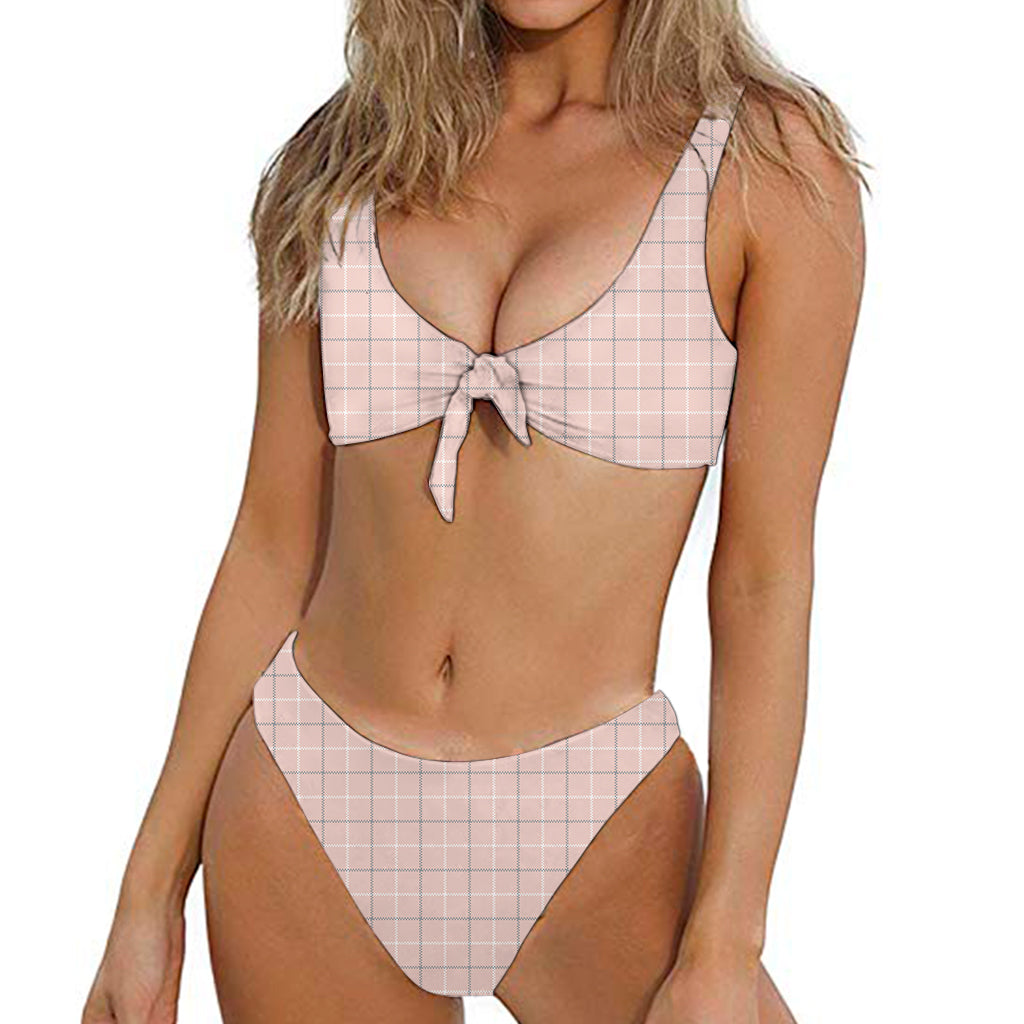 Pastel Pink Tattersall Pattern Print Front Bow Tie Bikini