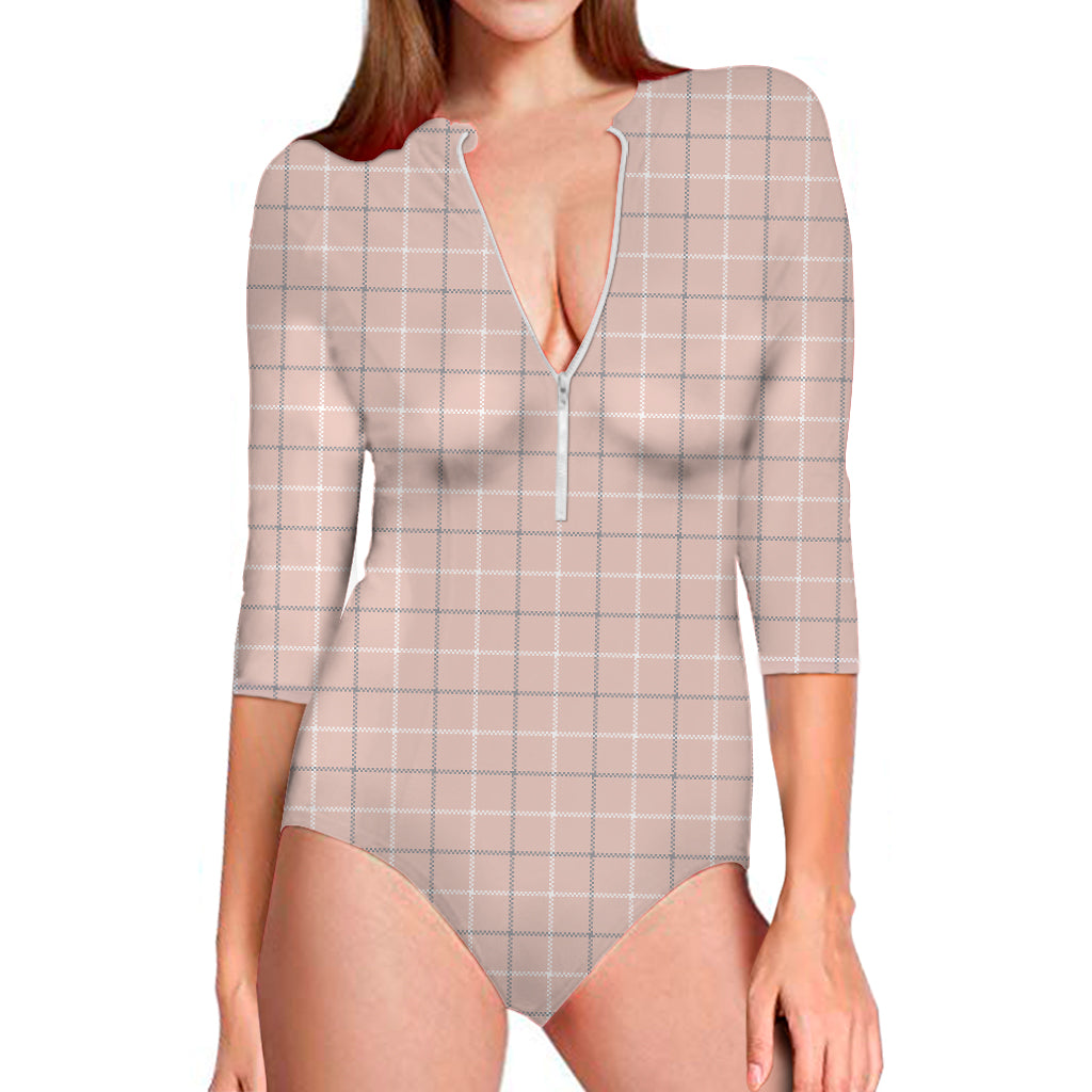 Pastel Pink Tattersall Pattern Print Long Sleeve One Piece Swimsuit