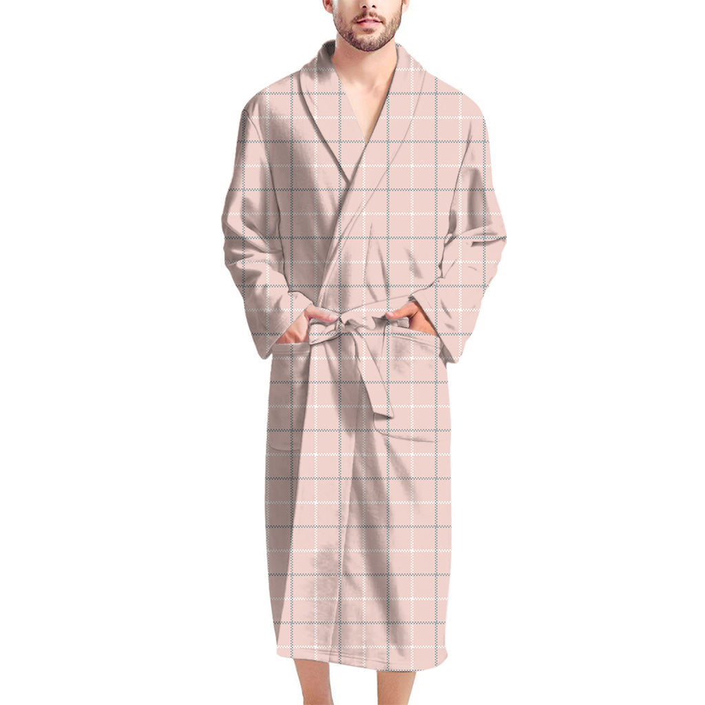 Pastel Pink Tattersall Pattern Print Men's Bathrobe