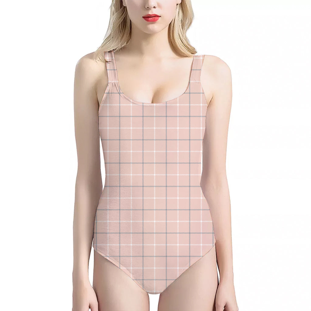 Pastel Pink Tattersall Pattern Print One Piece Halter Neck Swimsuit