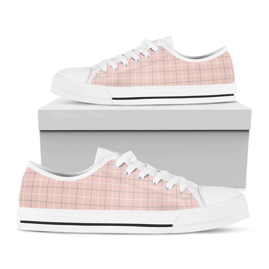 Pastel Pink Tattersall Pattern Print White Low Top Shoes