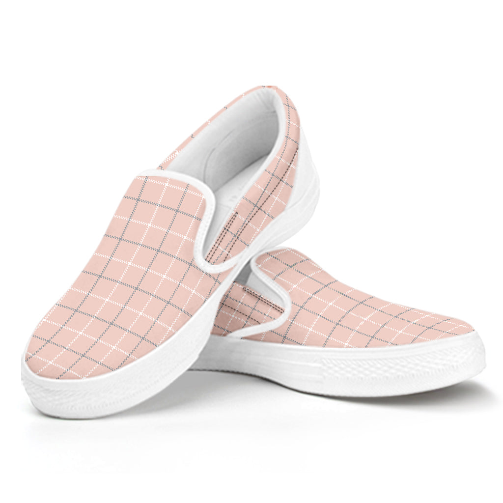 Pastel Pink Tattersall Pattern Print White Slip On Shoes