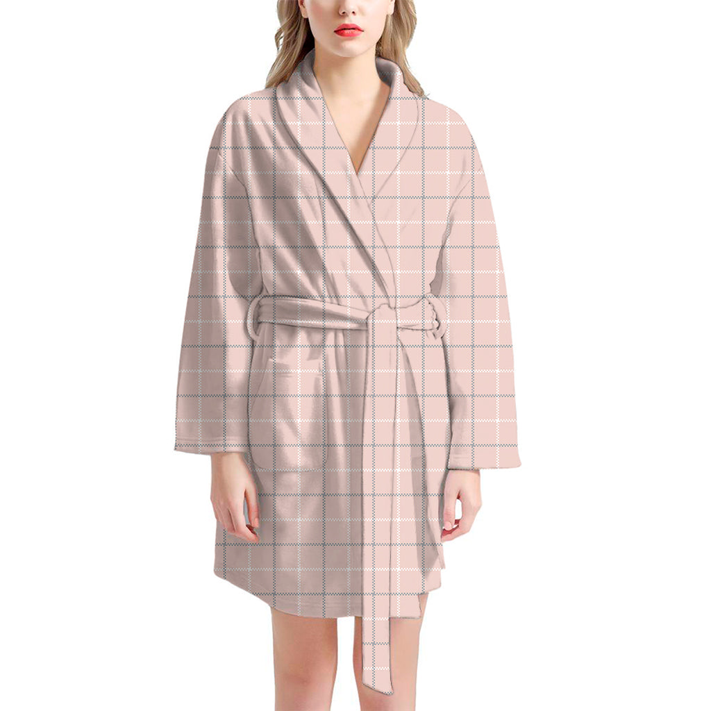 Pastel Pink Tattersall Pattern Print Women's Bathrobe