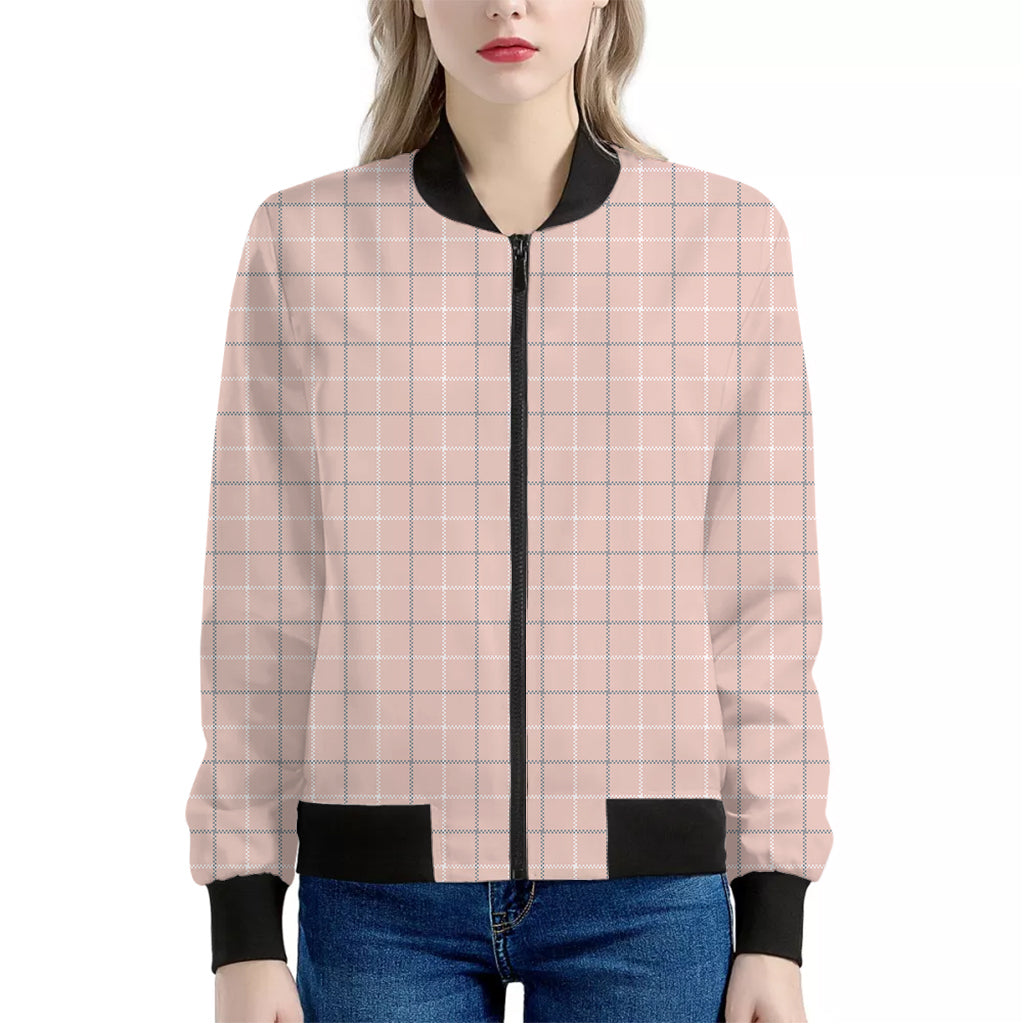 Pastel Pink Tattersall Pattern Print Women's Bomber Jacket