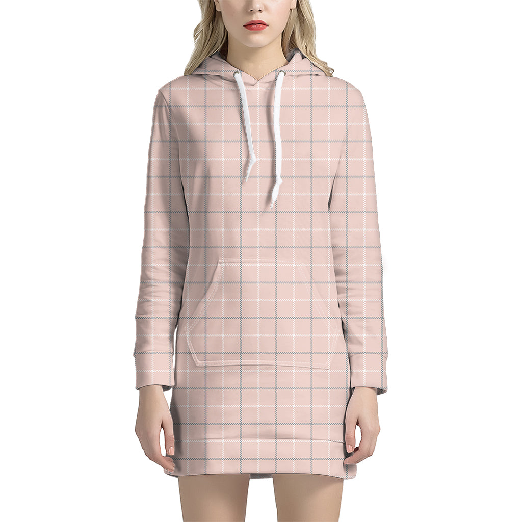 Pastel Pink Tattersall Pattern Print Women's Pullover Hoodie Dress