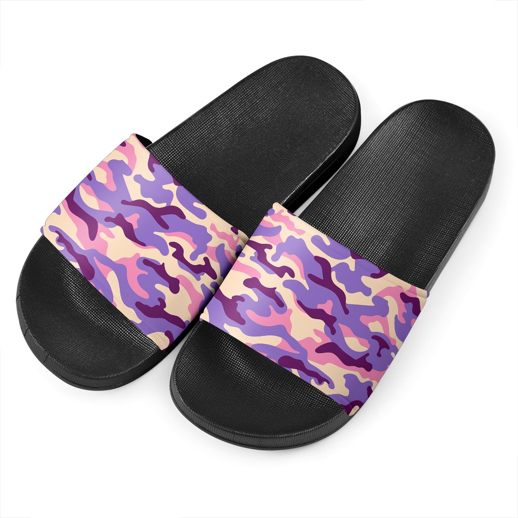 Pastel Purple Camouflage Print Black Slide Sandals