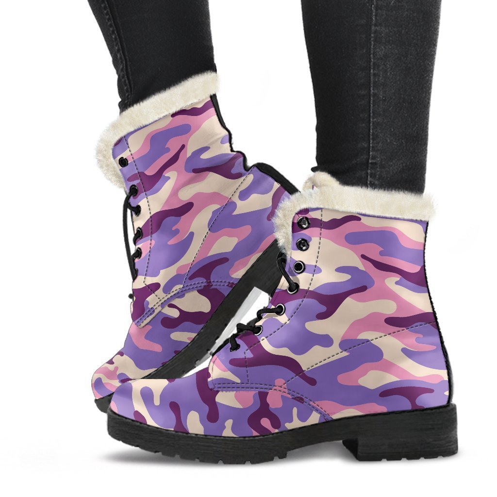 Pastel Purple Camouflage Print Faux Fur Leather Boots