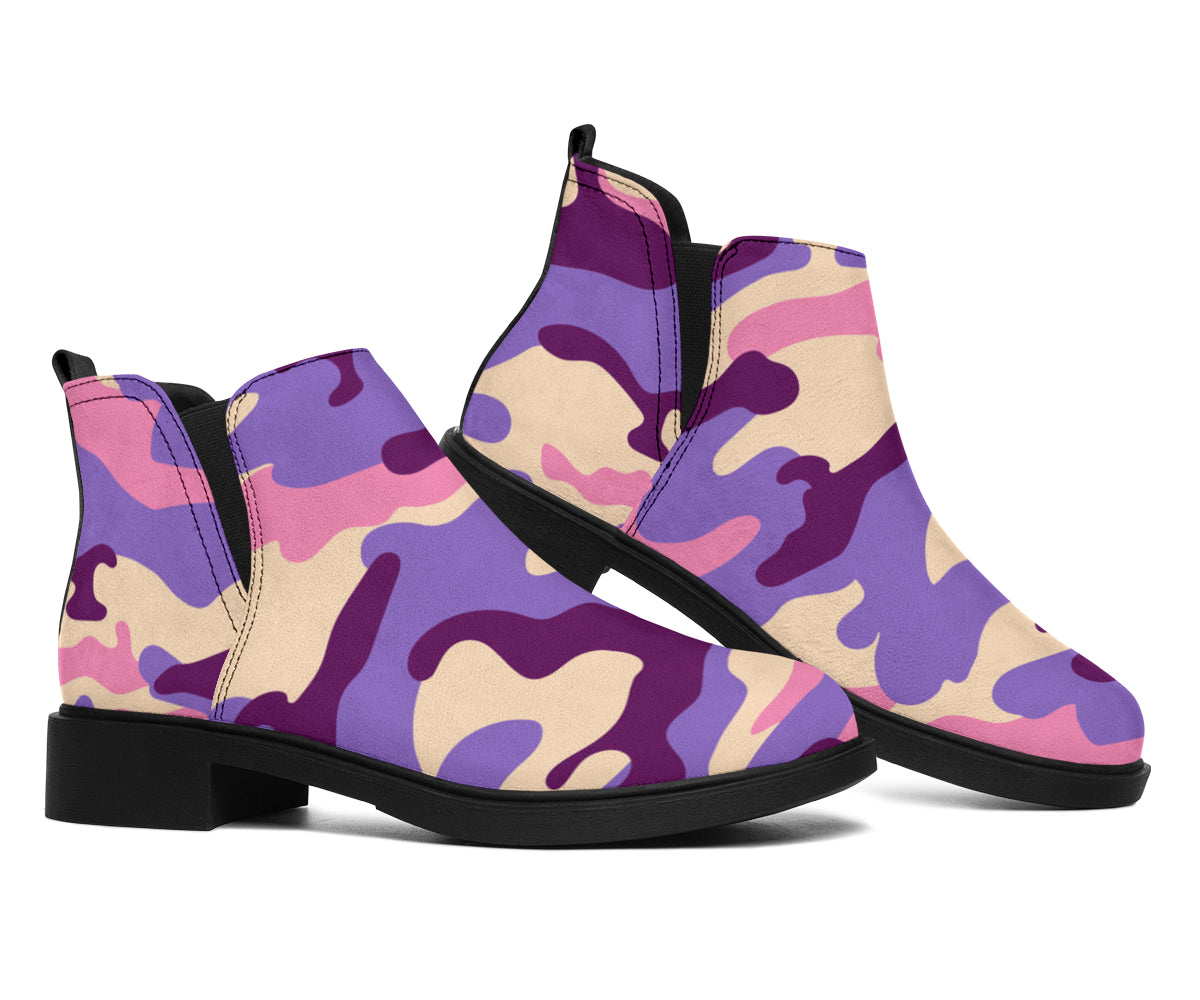 Pastel Purple Camouflage Print Flat Ankle Boots