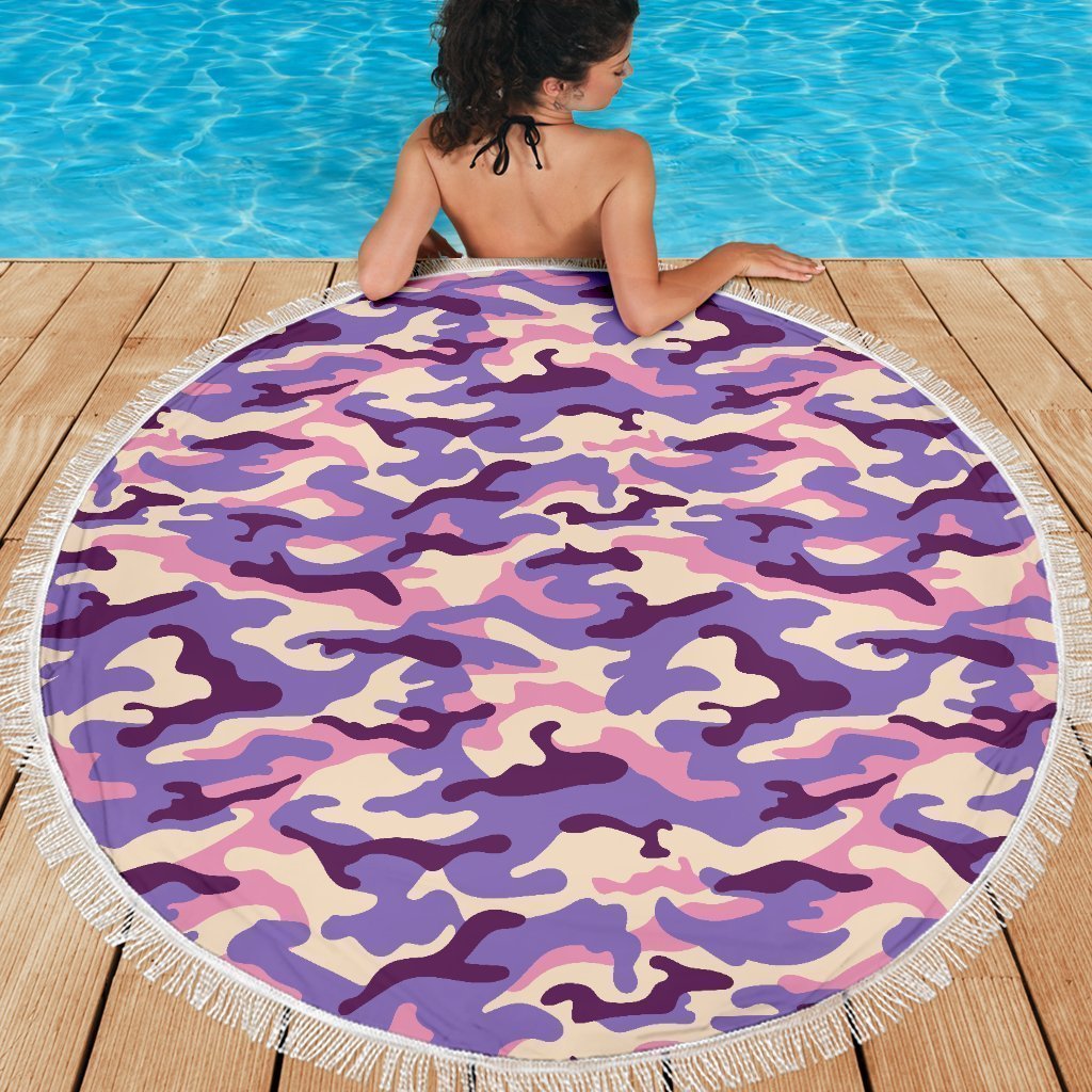 Pastel Purple Camouflage Print Round Beach Blanket