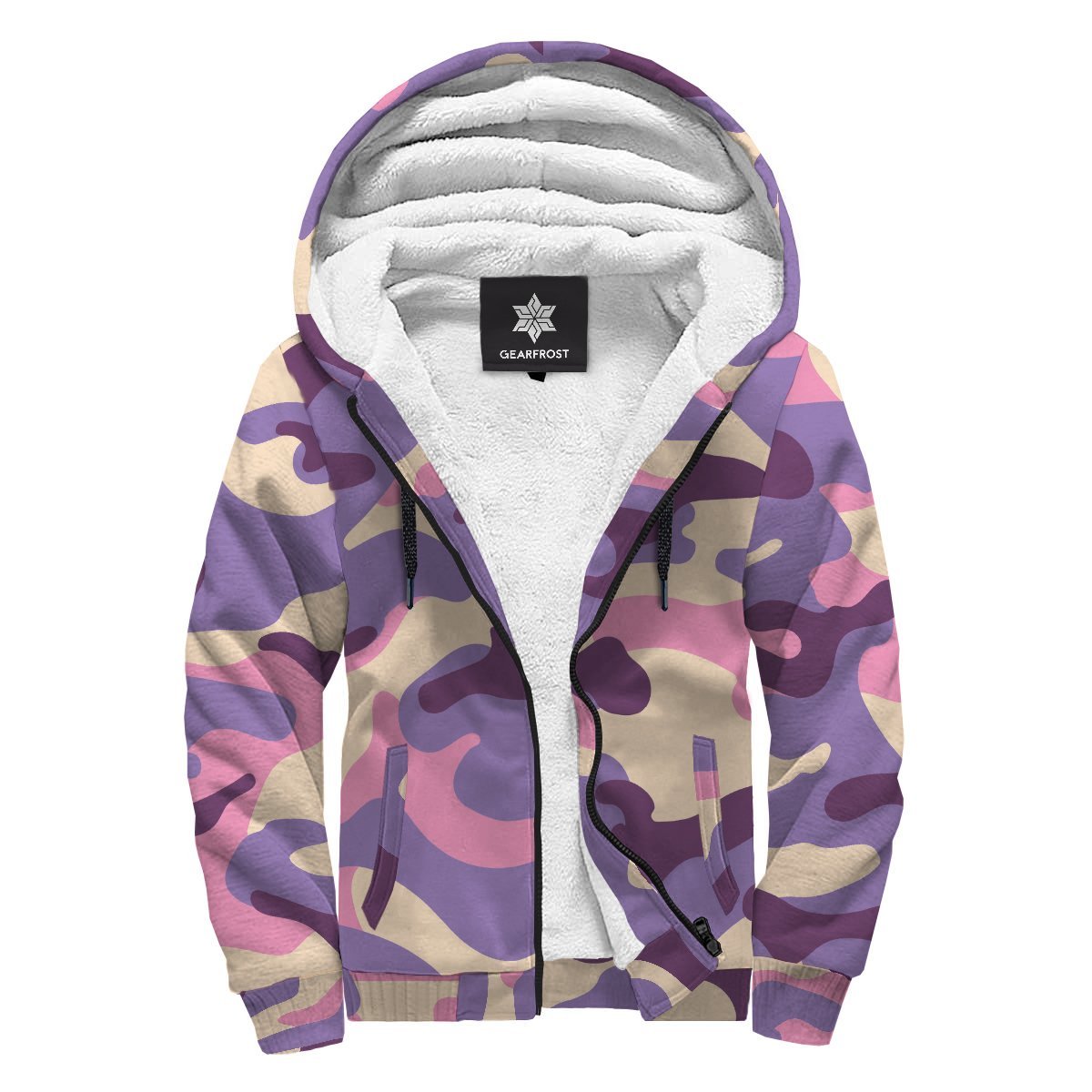 Pastel Purple Camouflage Print Sherpa Lined Fleece Hoodie