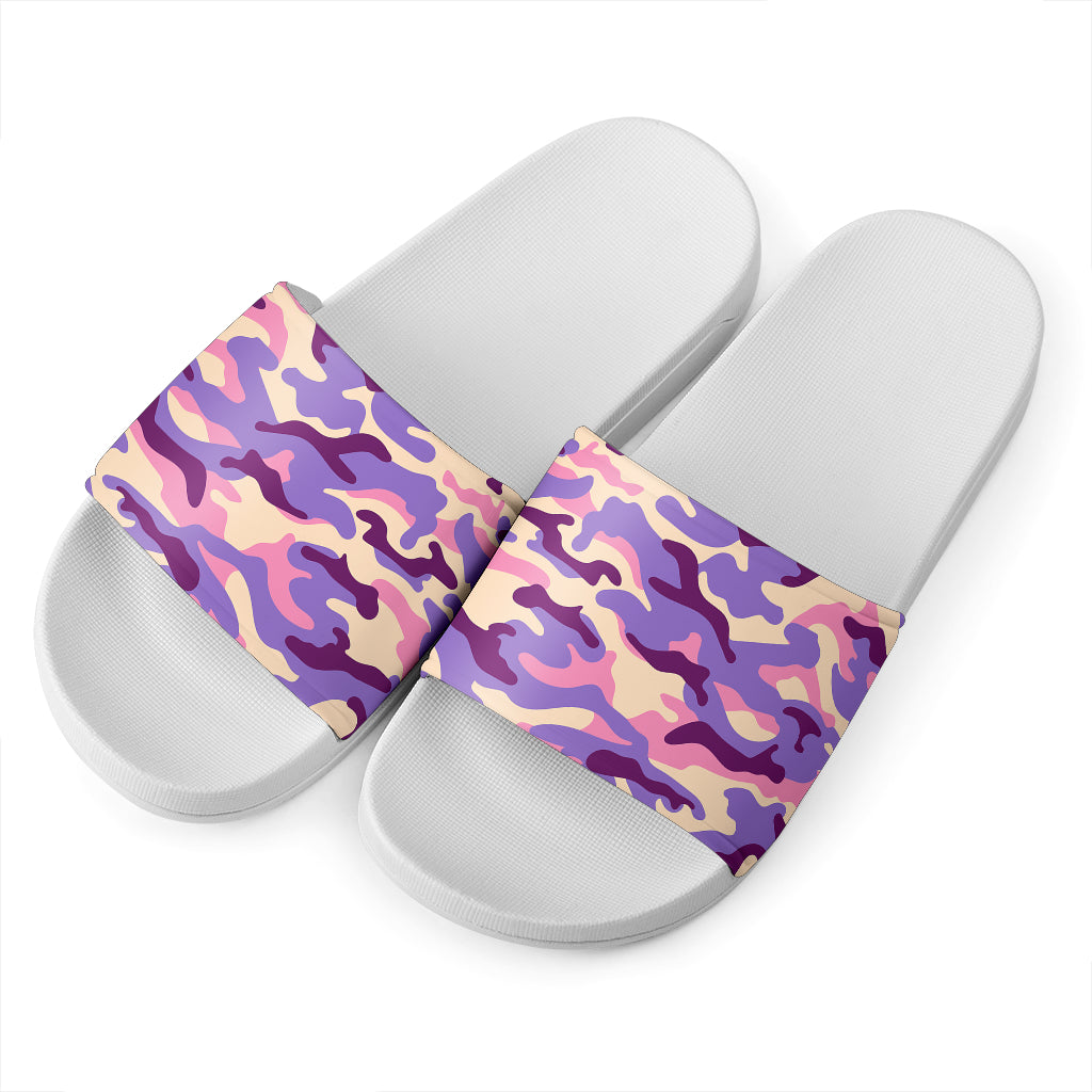 Pastel Purple Camouflage Print White Slide Sandals