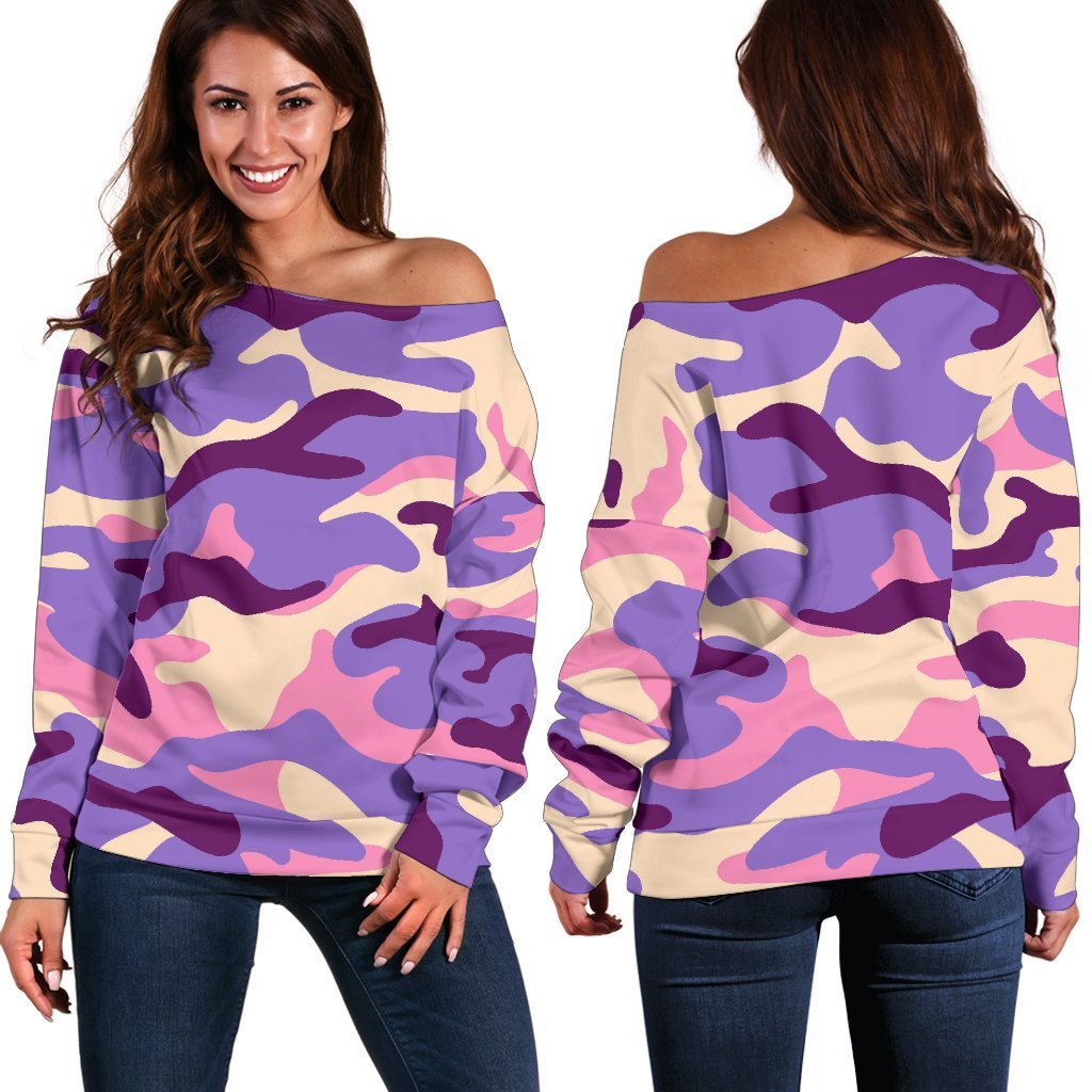 Pastel Purple Camouflage Print Women's Off-Shoulder Sweatshirt