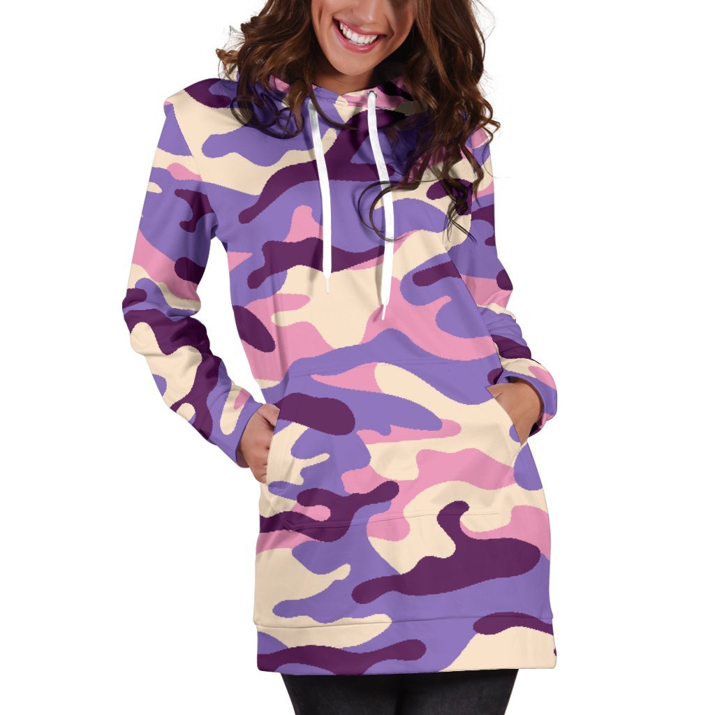 Pastel Purple Camouflage Print Women's Pullover Hoodie Dress