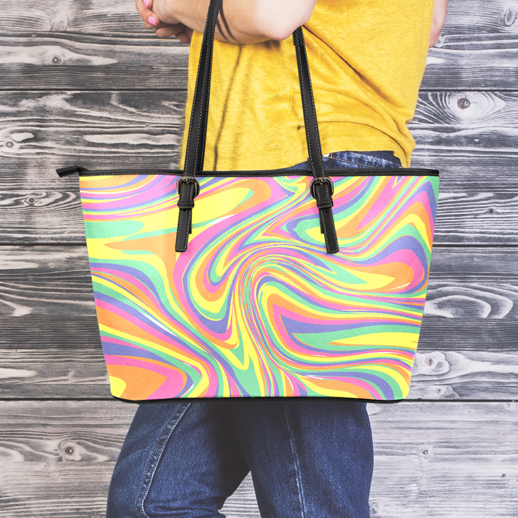 Pastel Rave Print Leather Tote Bag