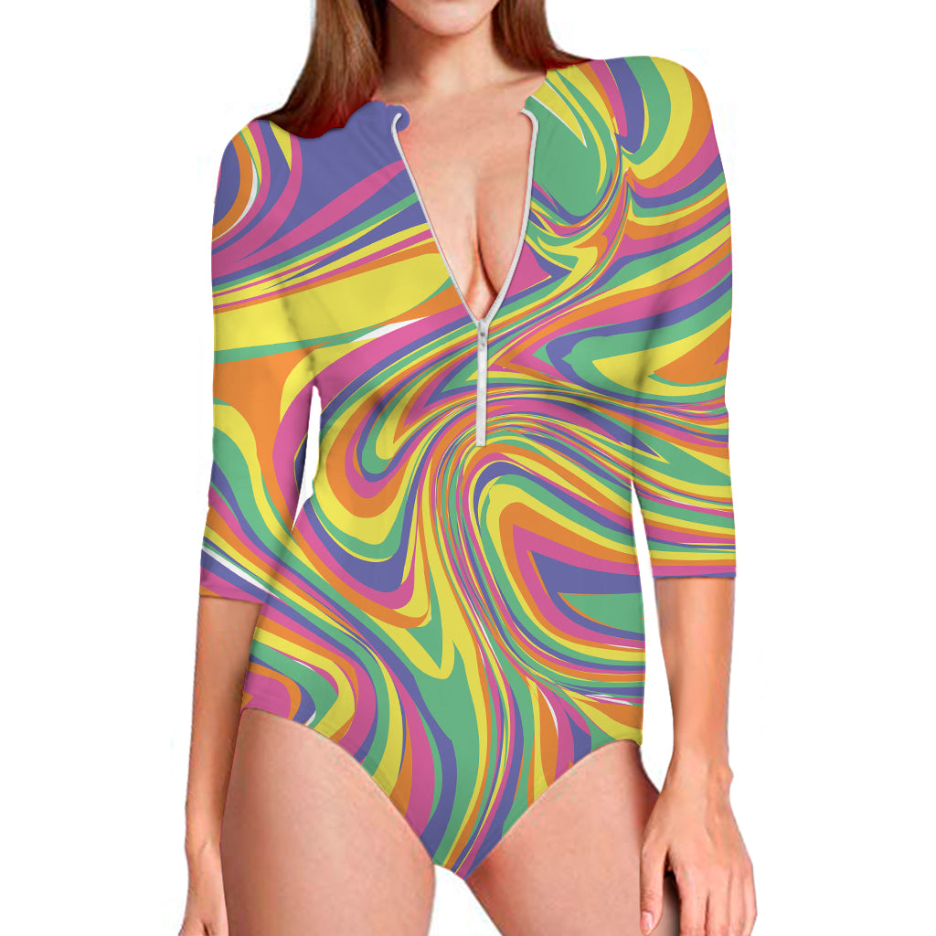 Pastel Rave Print Long Sleeve One Piece Swimsuit