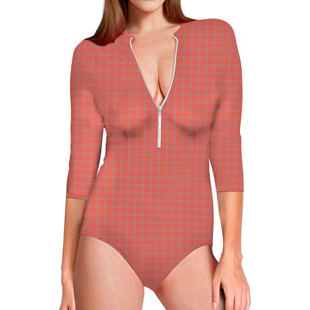 Pastel Red And Grey Tattersall Print Long Sleeve One Piece Swimsuit