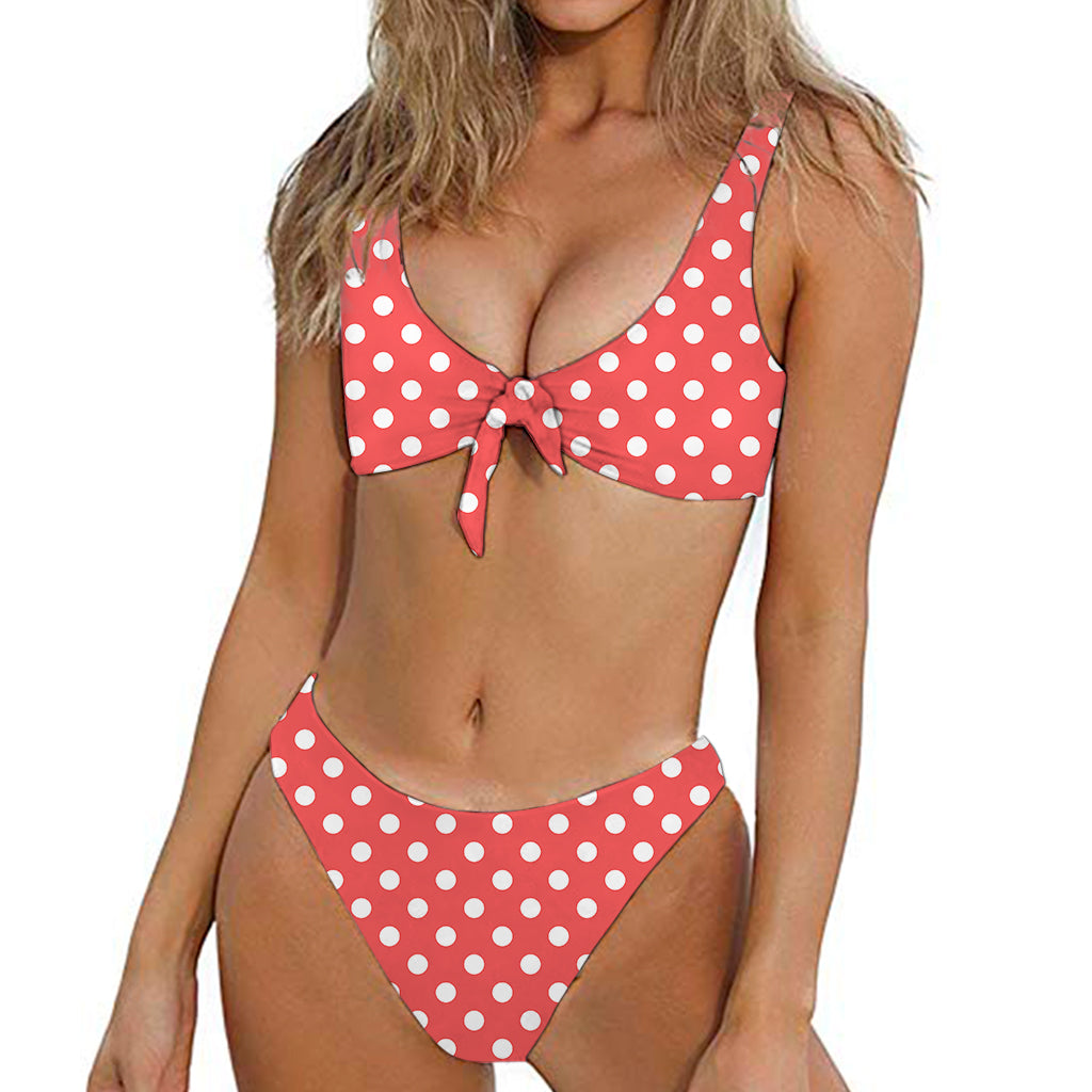 Pastel Red And White Polka Dot Print Front Bow Tie Bikini