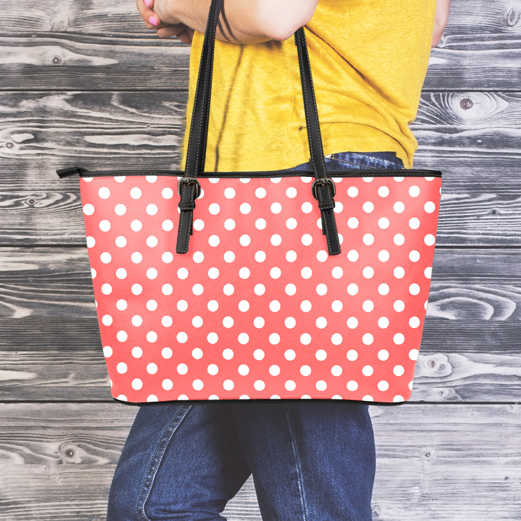 Pastel Red And White Polka Dot Print Leather Tote Bag