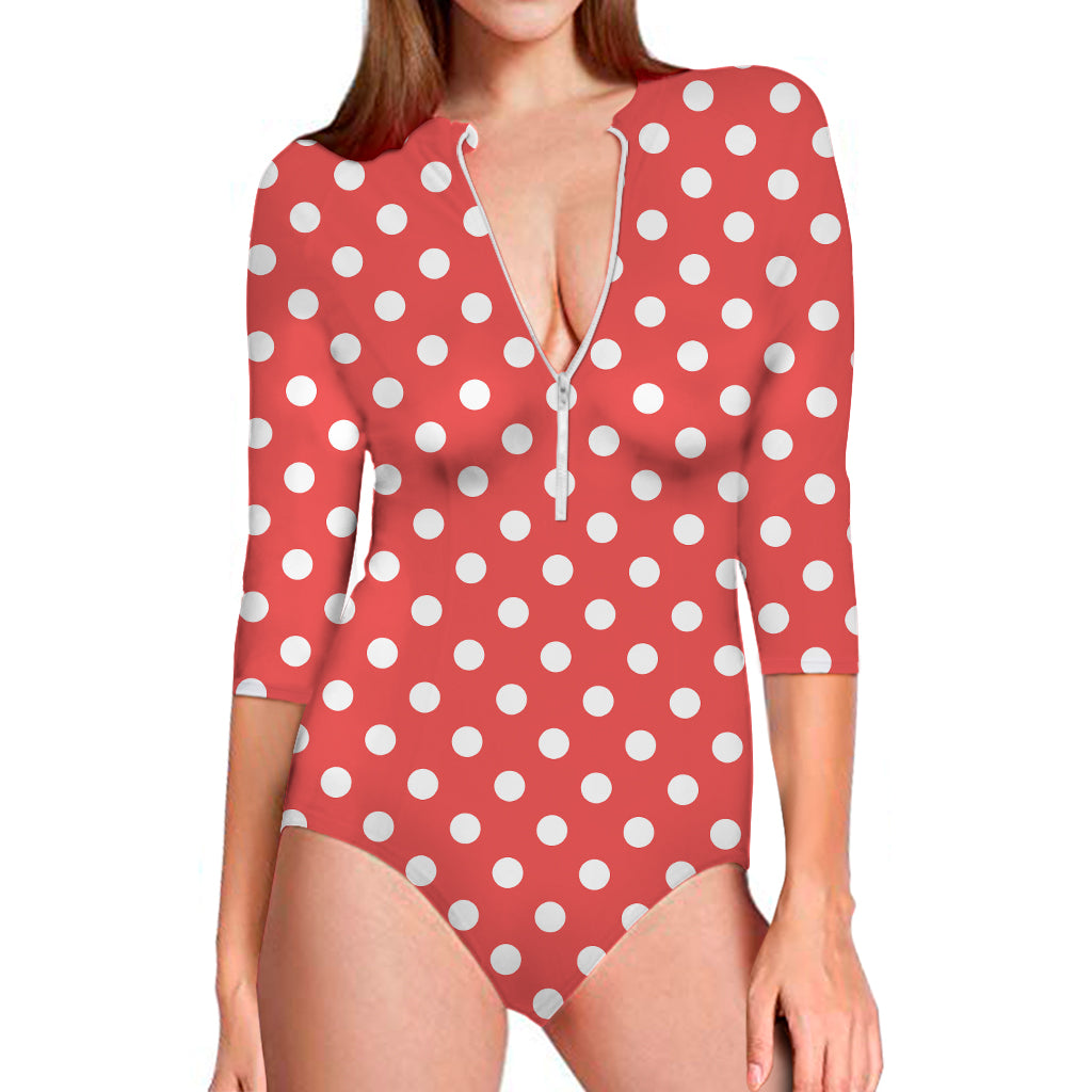 Pastel Red And White Polka Dot Print Long Sleeve One Piece Swimsuit