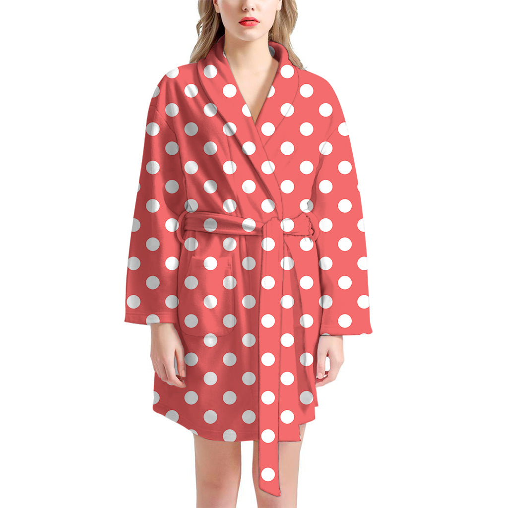 Pastel Red And White Polka Dot Print Women's Bathrobe